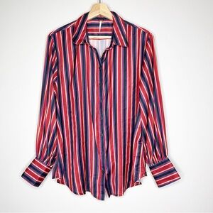 Free People Top Size Small Juliet Button Down Silky Blouse Striped Blue Red